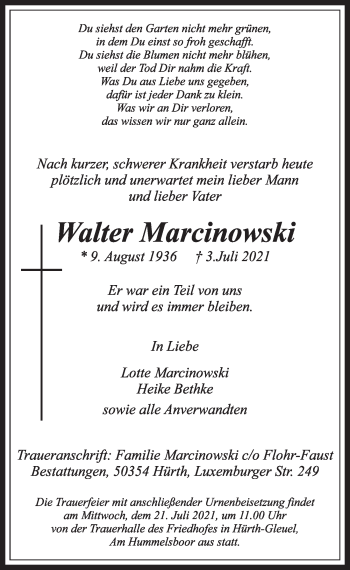 Anzeige von Walter Marcinowski von  Wochenende 