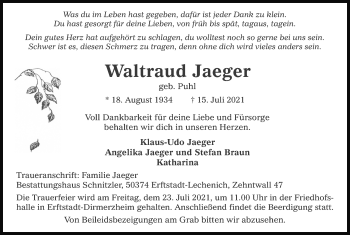 Anzeige von Waltraud Jaeger von Kölner Stadt-Anzeiger / Kölnische Rundschau / Express