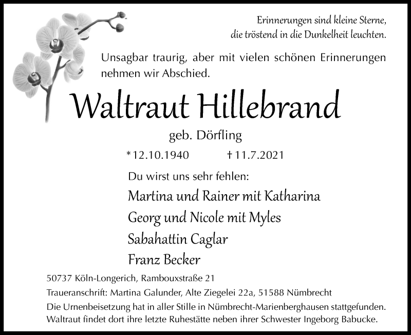  Traueranzeige für Waltraut Hillebrand vom 24.07.2021 aus Kölner Stadt-Anzeiger / Kölnische Rundschau / Express