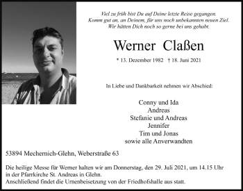 Anzeige von Werner Claßen von  Blickpunkt Euskirchen 