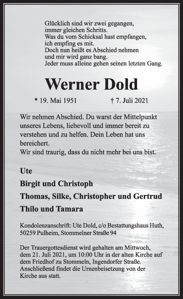  Traueranzeige für Werner Dold vom 16.07.2021 aus  Wochenende 