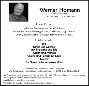 Anzeige von Werner Homann von Kölner Stadt-Anzeiger / Kölnische Rundschau / Express