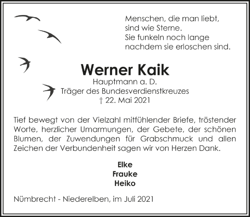  Traueranzeige für Werner Kaik vom 02.07.2021 aus  Lokalanzeiger 