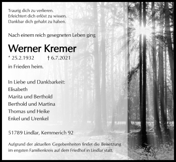 Anzeige von Werner Kremer von Kölner Stadt-Anzeiger / Kölnische Rundschau / Express