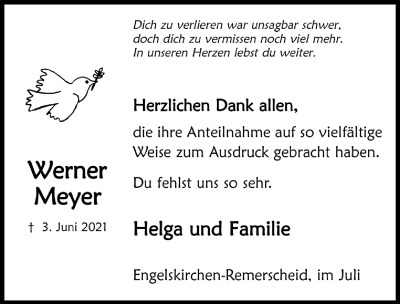  Traueranzeige für Werner Meyer vom 30.07.2021 aus  Anzeigen Echo 