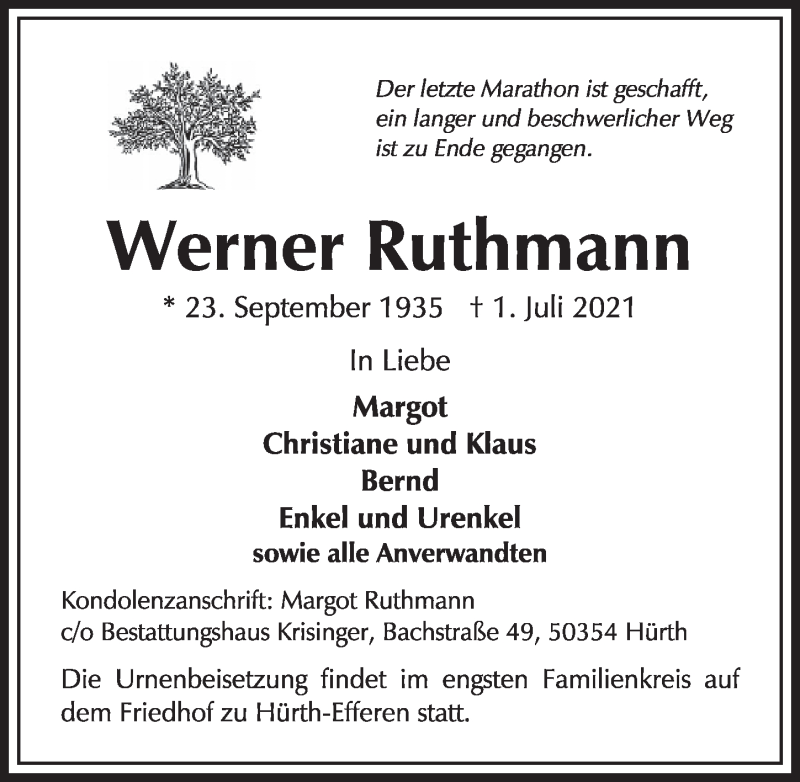  Traueranzeige für Werner Ruthmann vom 09.07.2021 aus  Wochenende 