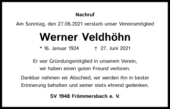 Anzeige von Werner Veldhöhn von Kölner Stadt-Anzeiger / Kölnische Rundschau / Express
