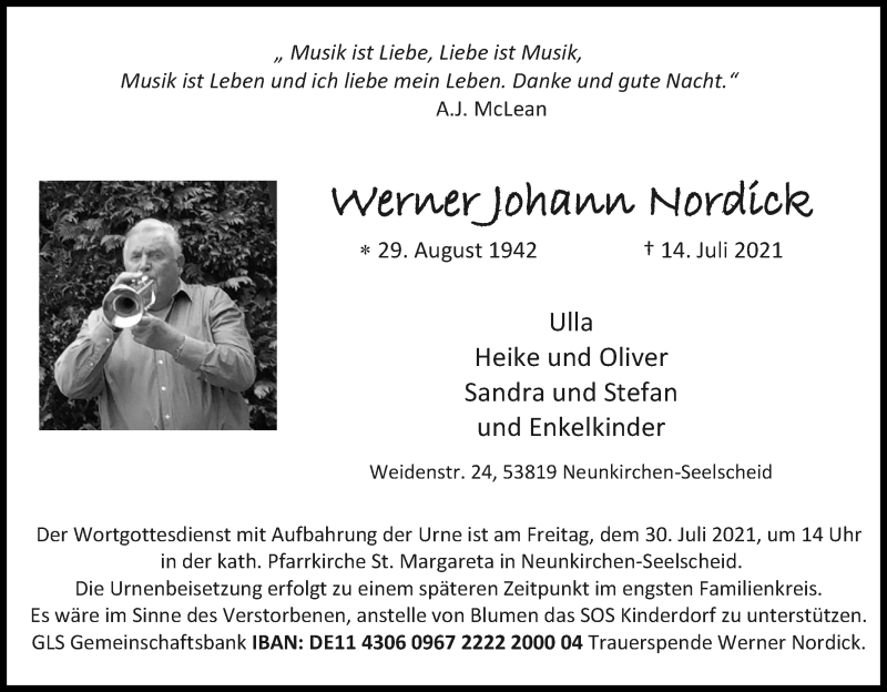  Traueranzeige für Werner Johann Nordick vom 21.07.2021 aus Kölner Stadt-Anzeiger / Kölnische Rundschau / Express