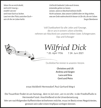 Anzeige von Wilfried Dick von  Lokalanzeiger 
