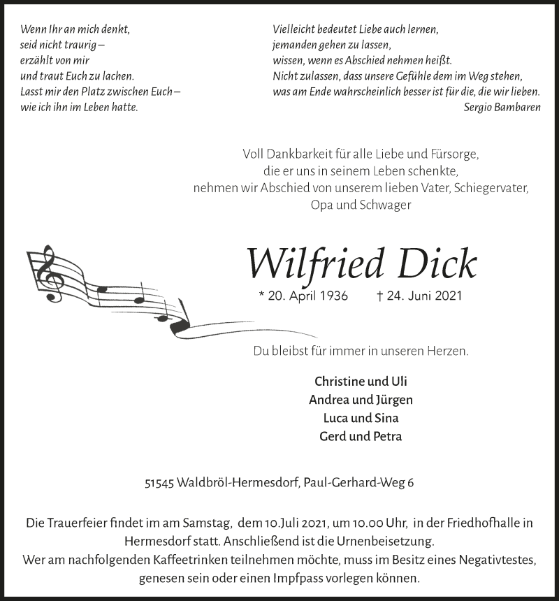  Traueranzeige für Wilfried Dick vom 02.07.2021 aus  Lokalanzeiger 