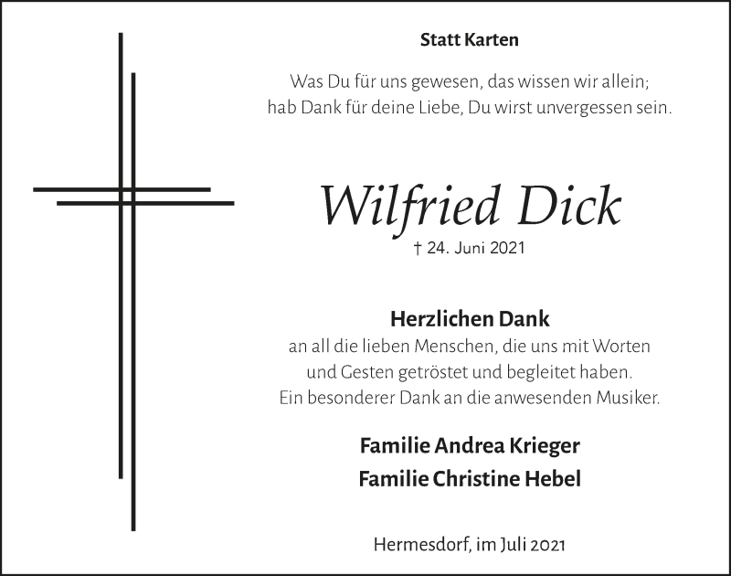  Traueranzeige für Wilfried Dick vom 30.07.2021 aus  Lokalanzeiger 