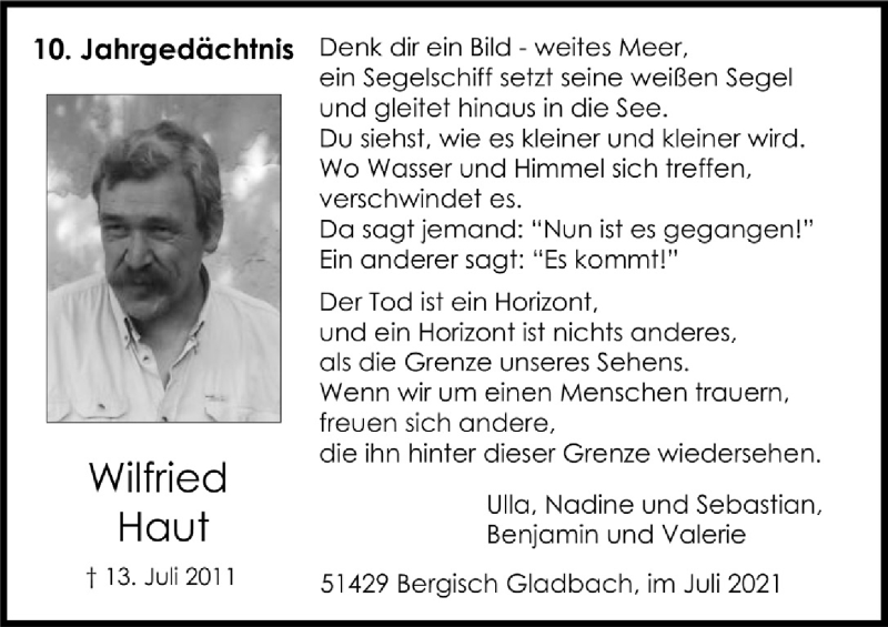  Traueranzeige für Wilfried Haut vom 09.07.2021 aus  Bergisches Handelsblatt 