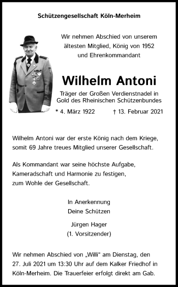 Anzeige von Wilhelm Antoni von Kölner Stadt-Anzeiger / Kölnische Rundschau / Express