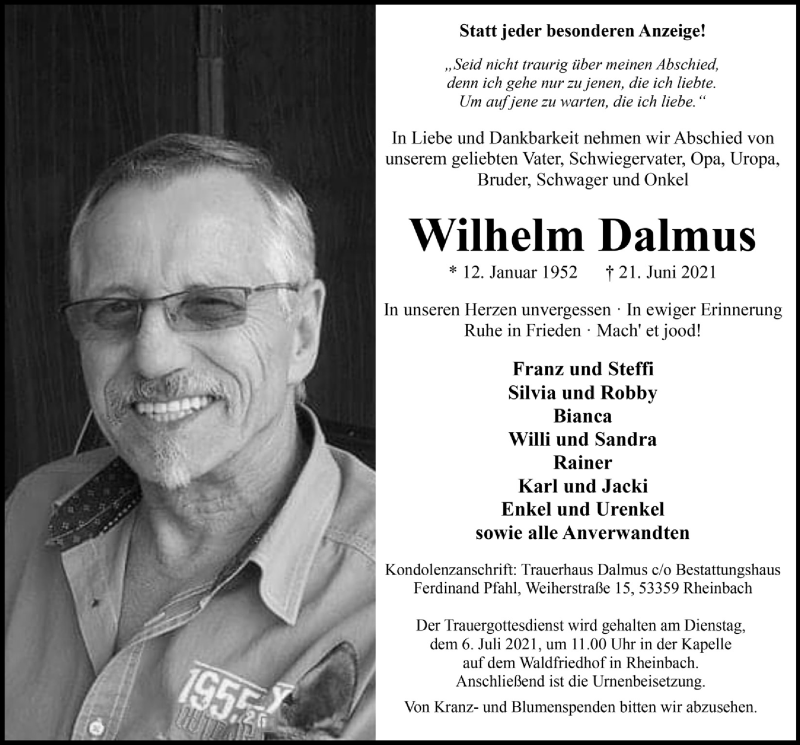  Traueranzeige für Wilhelm Dalmus vom 03.07.2021 aus  Schaufenster/Blickpunkt 
