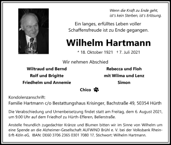 Anzeige von Wilhelm Hartmann von Kölner Stadt-Anzeiger / Kölnische Rundschau / Express