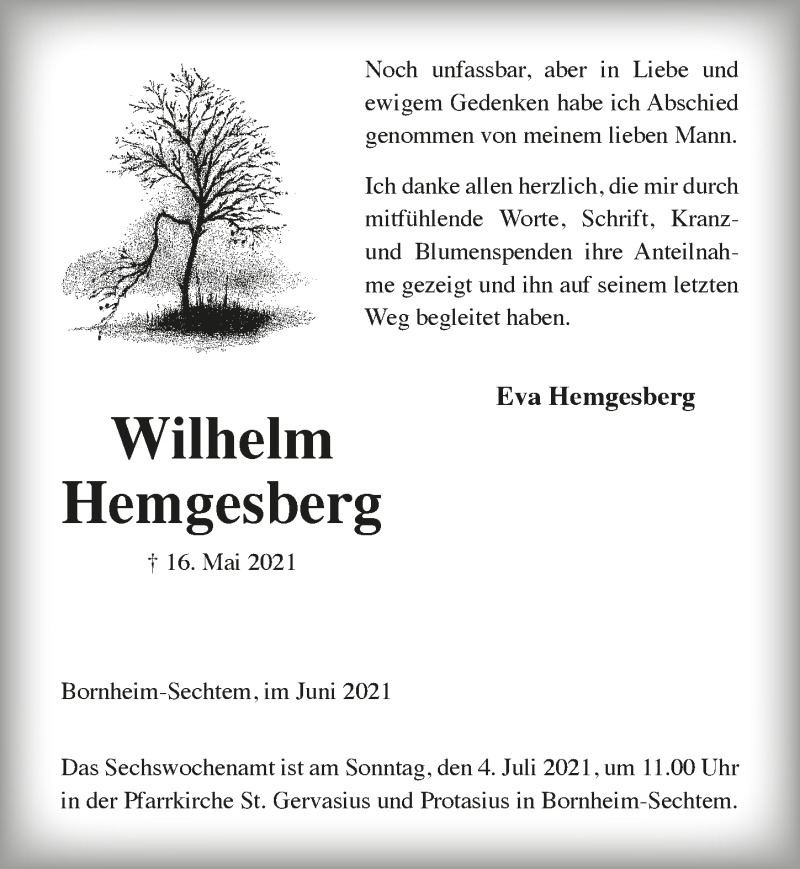  Traueranzeige für Wilhelm Hemgesberg vom 02.07.2021 aus  Schlossbote/Werbekurier 