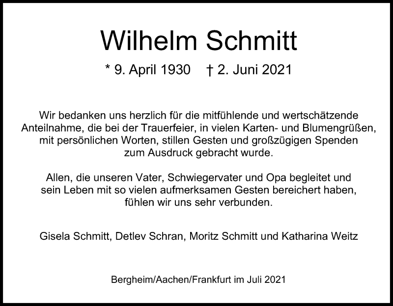  Traueranzeige für Wilhelm Schmitt vom 03.07.2021 aus Kölner Stadt-Anzeiger / Kölnische Rundschau / Express