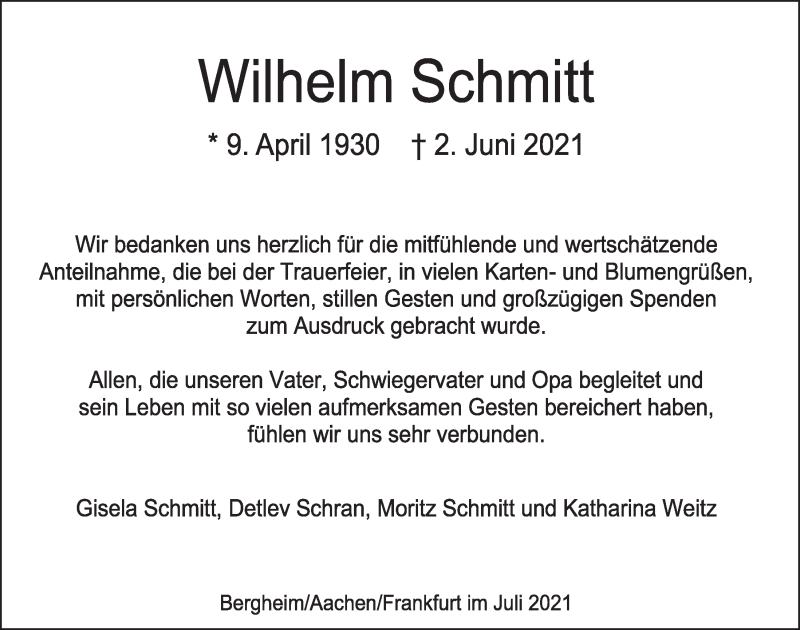  Traueranzeige für Wilhelm Schmitt vom 02.07.2021 aus  Werbepost 