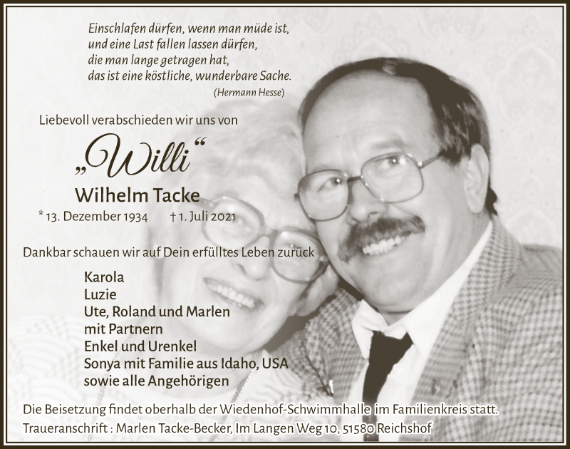  Traueranzeige für Wilhelm Tacke vom 16.07.2021 aus  Lokalanzeiger 