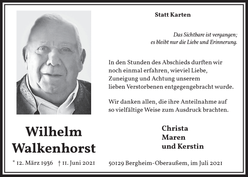 Traueranzeige für Wilhelm Walkenhorst vom 23.07.2021 aus  Werbepost 