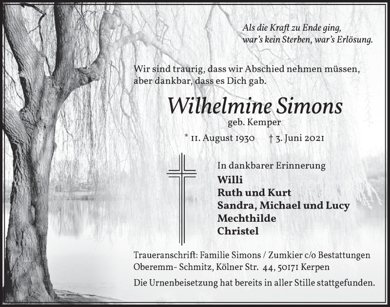  Traueranzeige für Wilhelmine Simons vom 02.07.2021 aus  Werbepost 