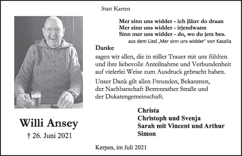  Traueranzeige für Willi Ansey vom 30.07.2021 aus  Werbepost 