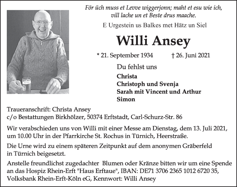  Traueranzeige für Willi Ansey vom 09.07.2021 aus  Werbepost 