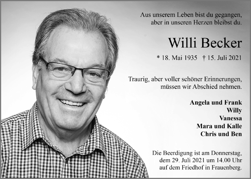  Traueranzeige für Willi Becker vom 24.07.2021 aus  Blickpunkt Euskirchen 