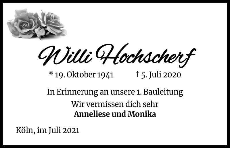  Traueranzeige für Willi Hochscherf vom 03.07.2021 aus Kölner Stadt-Anzeiger / Kölnische Rundschau / Express