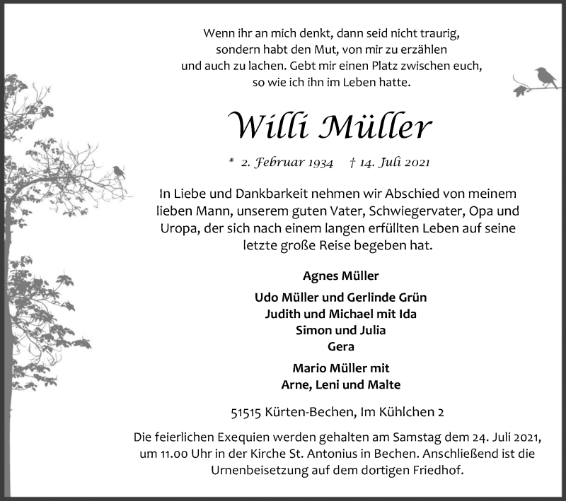  Traueranzeige für Willi Müller vom 17.07.2021 aus Kölner Stadt-Anzeiger / Kölnische Rundschau / Express