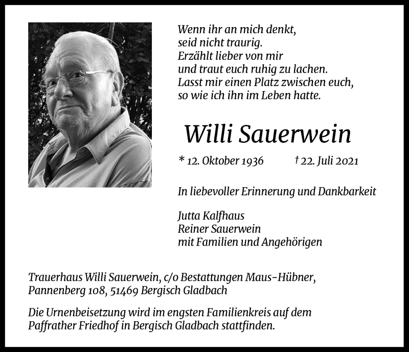  Traueranzeige für Willi Sauerwein vom 31.07.2021 aus Kölner Stadt-Anzeiger / Kölnische Rundschau / Express