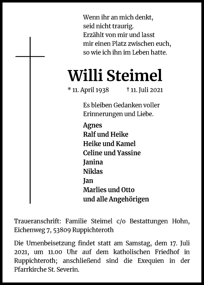  Traueranzeige für Willi Steimel vom 14.07.2021 aus Kölner Stadt-Anzeiger / Kölnische Rundschau / Express