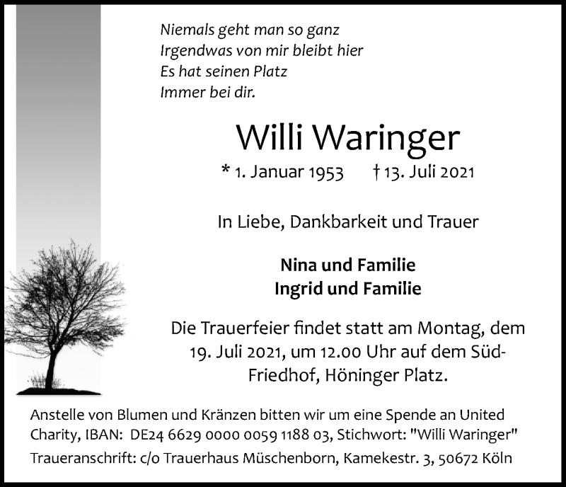  Traueranzeige für Willi Waringer vom 17.07.2021 aus Kölner Stadt-Anzeiger / Kölnische Rundschau / Express