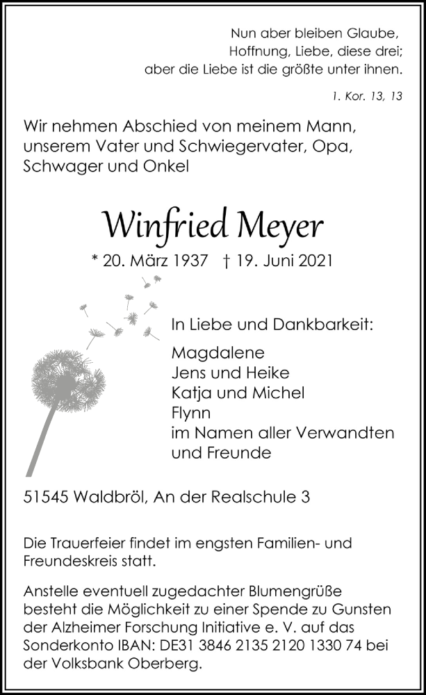  Traueranzeige für Winfried Meyer vom 02.07.2021 aus  Lokalanzeiger 