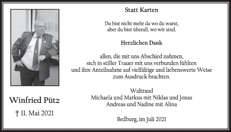  Traueranzeige für Winfried Pütz vom 02.07.2021 aus  Werbepost 