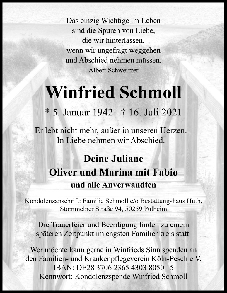  Traueranzeige für Winfried Schmoll vom 24.07.2021 aus Kölner Stadt-Anzeiger / Kölnische Rundschau / Express
