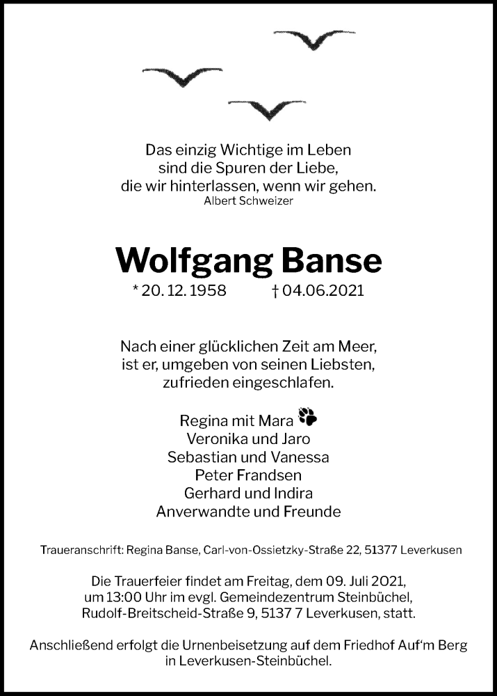  Traueranzeige für Wolfgang Banse vom 03.07.2021 aus Kölner Stadt-Anzeiger / Kölnische Rundschau / Express
