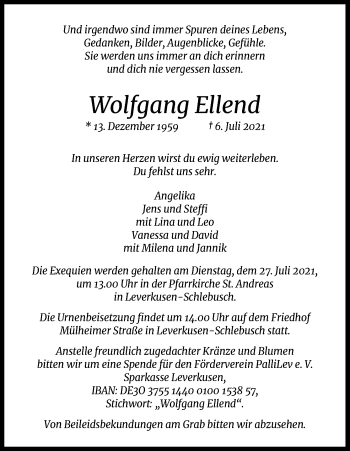 Anzeige von Wolfgang Ellend von Kölner Stadt-Anzeiger / Kölnische Rundschau / Express