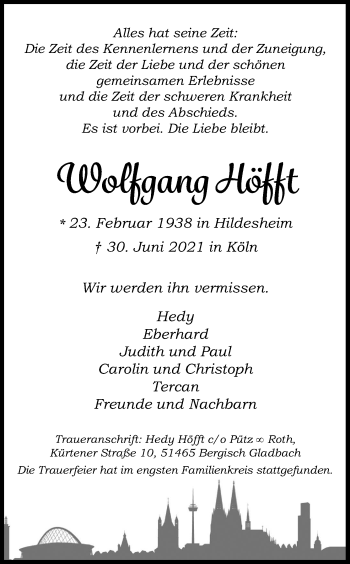 Anzeige von Wolfgang Höfft von Kölner Stadt-Anzeiger / Kölnische Rundschau / Express