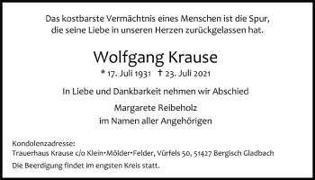 Anzeige von Wolfgang Krause von  Bergisches Handelsblatt 