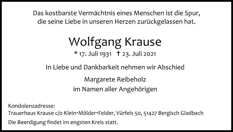  Traueranzeige für Wolfgang Krause vom 31.07.2021 aus Kölner Stadt-Anzeiger / Kölnische Rundschau / Express