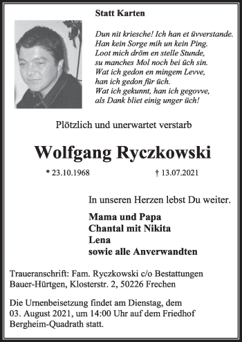 Anzeige von Wolfgang Ryczkowski von  Werbepost 