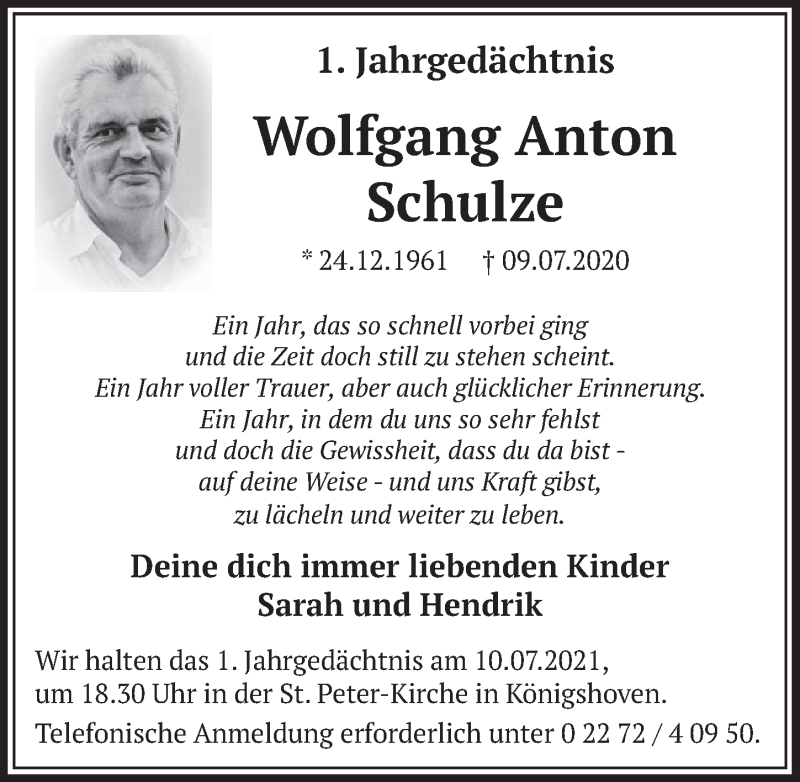  Traueranzeige für Wolfgang Anton Schulze vom 09.07.2021 aus  Werbepost 