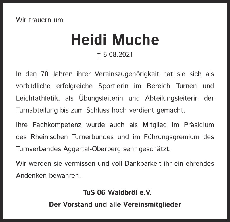  Traueranzeige für Heidi Muche vom 17.08.2021 aus Kölner Stadt-Anzeiger / Kölnische Rundschau / Express