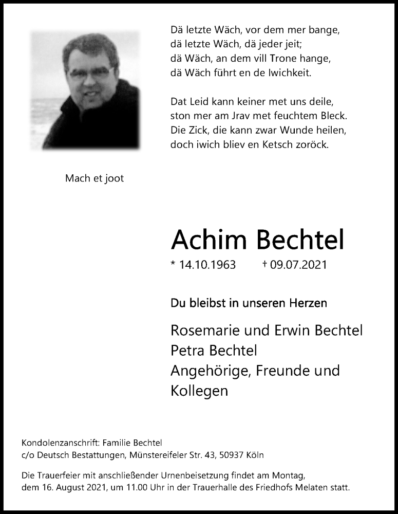  Traueranzeige für Achim Bechtel vom 07.08.2021 aus Kölner Stadt-Anzeiger / Kölnische Rundschau / Express