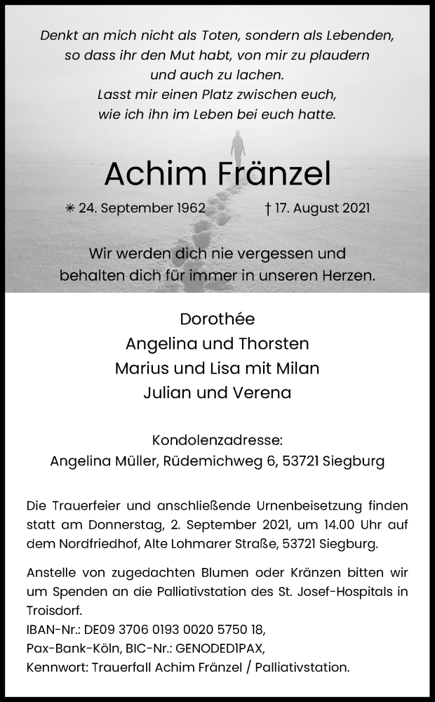  Traueranzeige für Achim Fränzel vom 28.08.2021 aus Kölner Stadt-Anzeiger / Kölnische Rundschau / Express