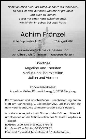 Anzeige von Achim Fränzel von Kölner Stadt-Anzeiger / Kölnische Rundschau / Express