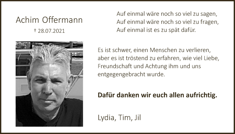  Traueranzeige für Achim Offermann vom 28.08.2021 aus  Blickpunkt Euskirchen 