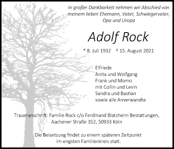 Anzeige von Adolf Rock von Kölner Stadt-Anzeiger / Kölnische Rundschau / Express