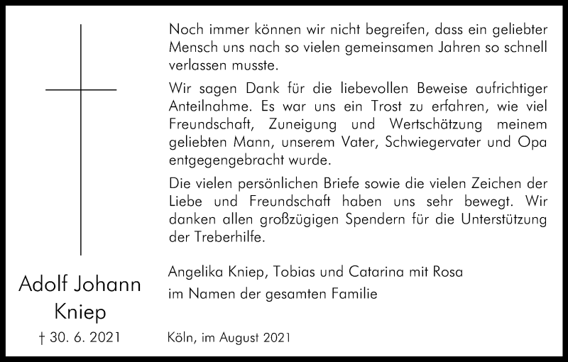  Traueranzeige für Adolf Johann Kniep vom 14.08.2021 aus Kölner Stadt-Anzeiger / Kölnische Rundschau / Express